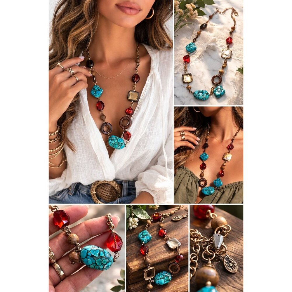 Boho Statement Necklace Turquoise Look Amber Beads Long Chain Vintage 27" - Picture 7 of 8